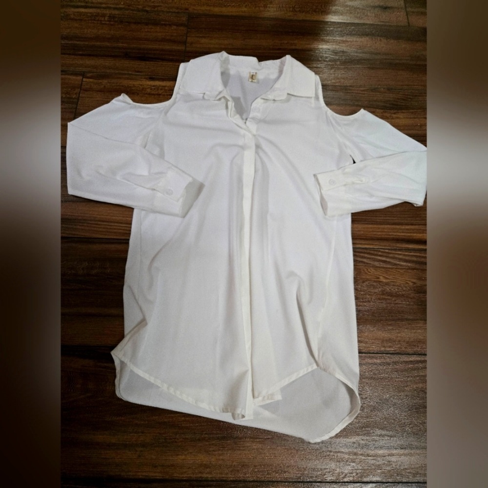 AmygFa White‎ Cold Shoulder Collared Button Down Shirt Womens Size M